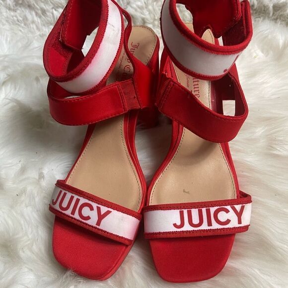 Juicy Couture Glisten fabric Red and white platform ankle strap  heels SZ8.5 M - Picture 6 of 14